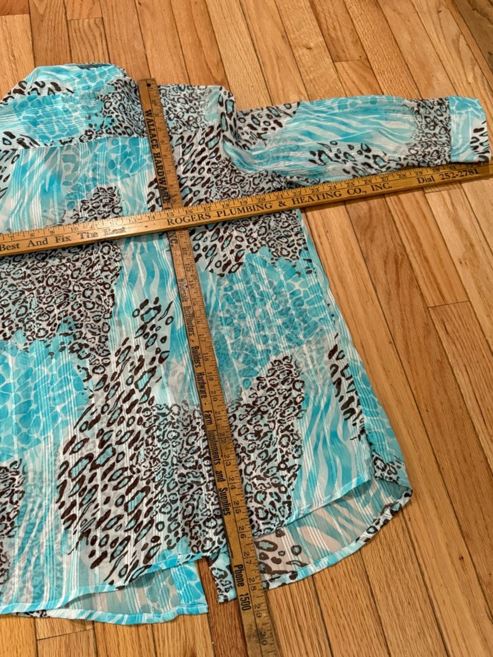Sheer Animal & Aqua Patchwork Print Metallic Button-Up Blouse Size M - Picture 6 of 7